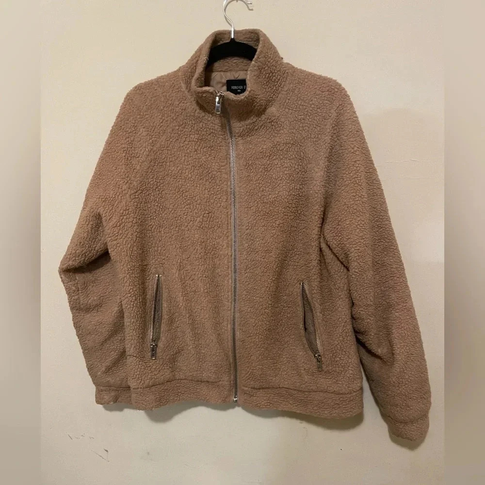 Sz L Men forever21 FOREVER 21 Fleece Zip Up Coat Jacket Men's Large Camel Tan